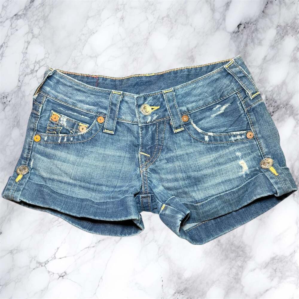 True Religion Women's Light Blue Distressed Denim Shorties